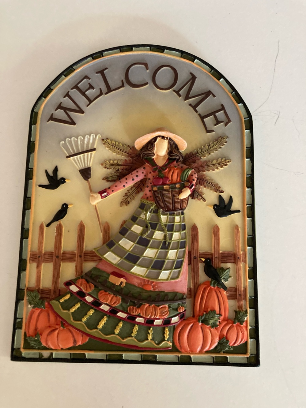 Fall Welcome Wall Plaque with Harvest Girl and Pumpkins